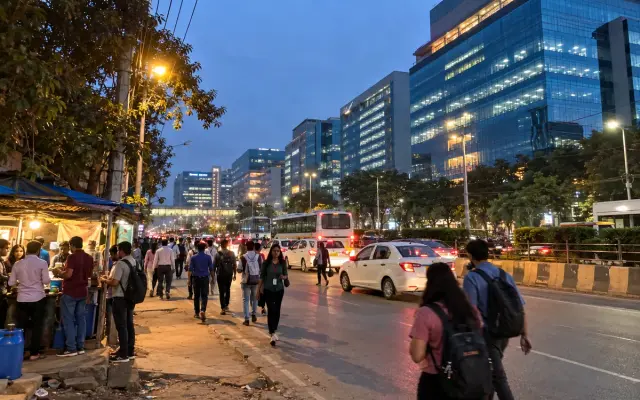 Office towers and evening crowd on the Outer Ring Road near Ecospace