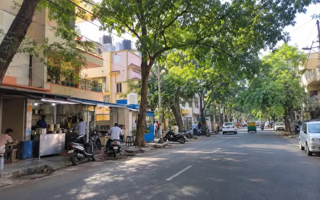 Quiet tree-lined main road in Basaveshwar Nagar, west Bangalore