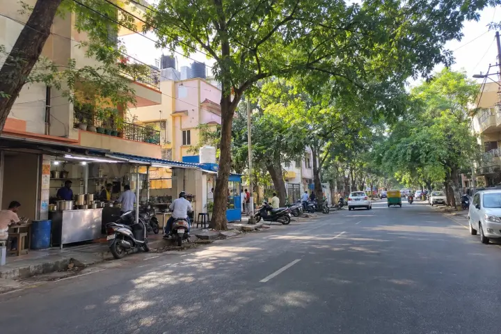 Quiet tree-lined main road in Basaveshwar Nagar, west Bangalore