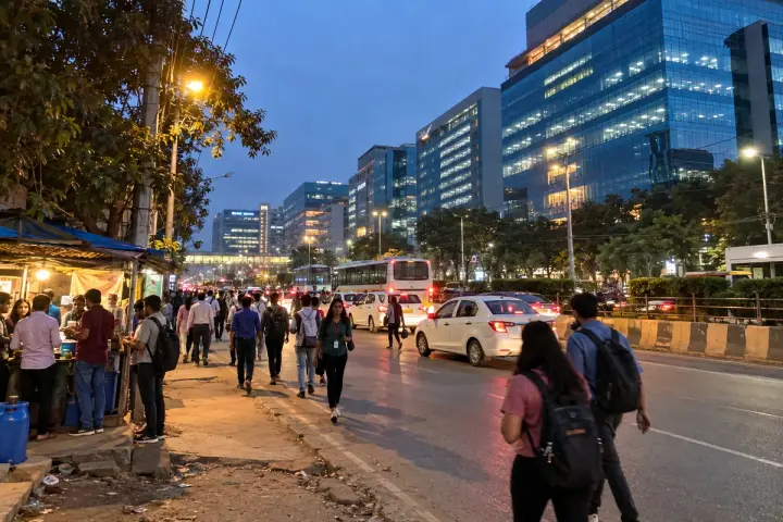 Office towers and evening crowd on the Outer Ring Road near Ecospace