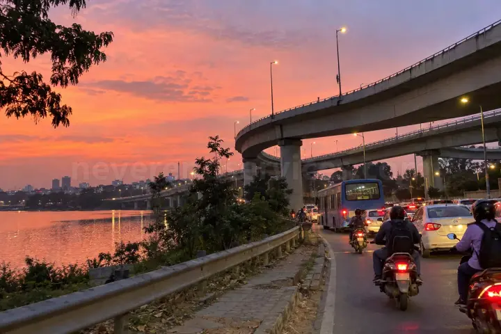 Hebbal flyover and the lake at dusk, north Bangalore