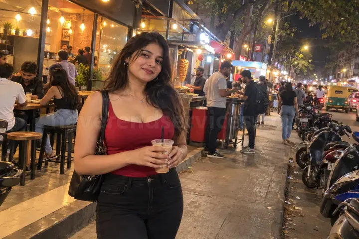 Woman in a red top with a cold coffee outside a cafe on Kammanahalli Main Road