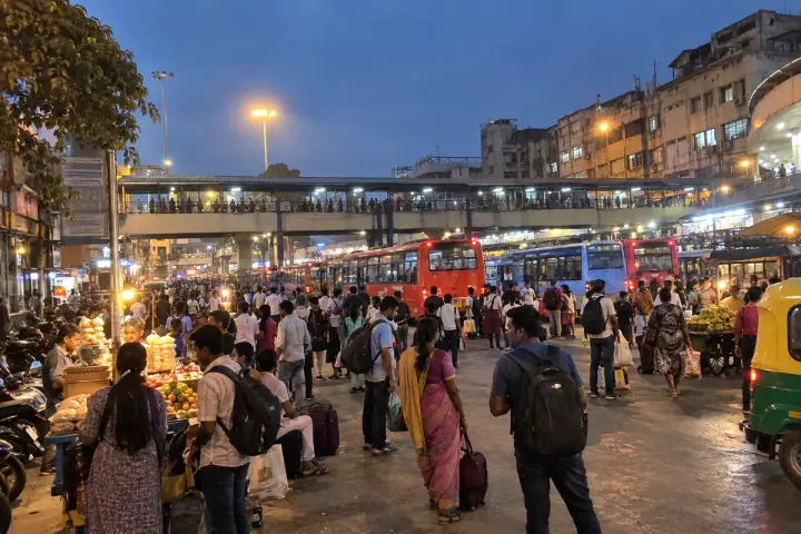 Evening crowd and buses near the Majestic bus station