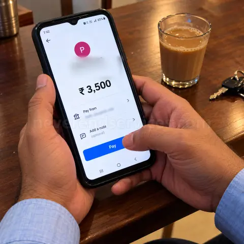His thumb is over the Pay button for a ₹3,500 advance on a UPI app