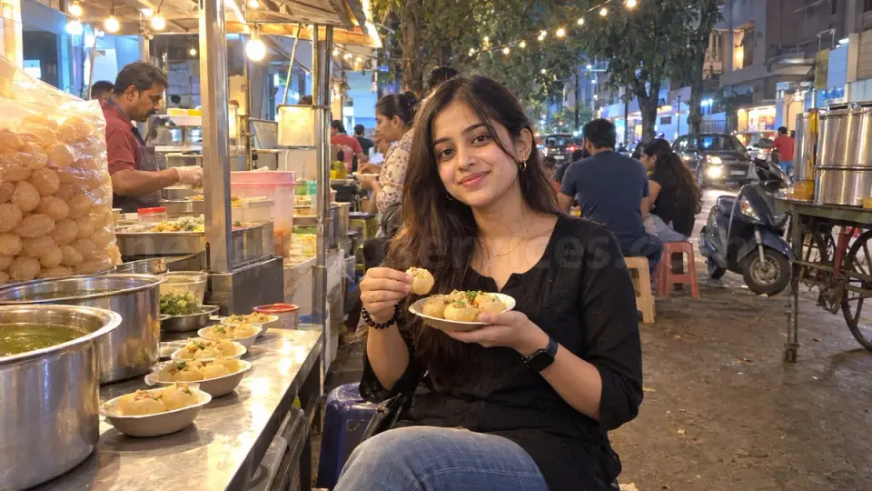 Bangalore escort showing a visitor her favourite chaat stall in Koramangala at night