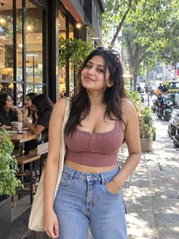 Young woman in jeans and a crop top outside a Bangalore cafe