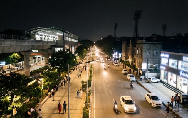 Call girls area MG Road — boulevard and metro station at night