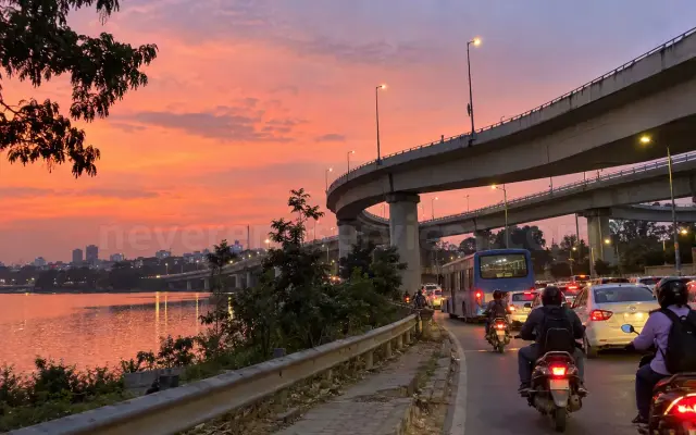 Hebbal flyover and the lake at dusk, north Bangalore