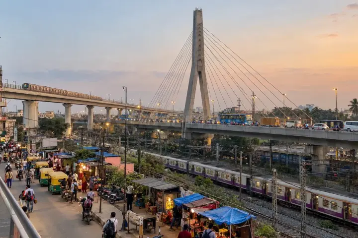 KR Puram cable bridge over the railway lines at sunset