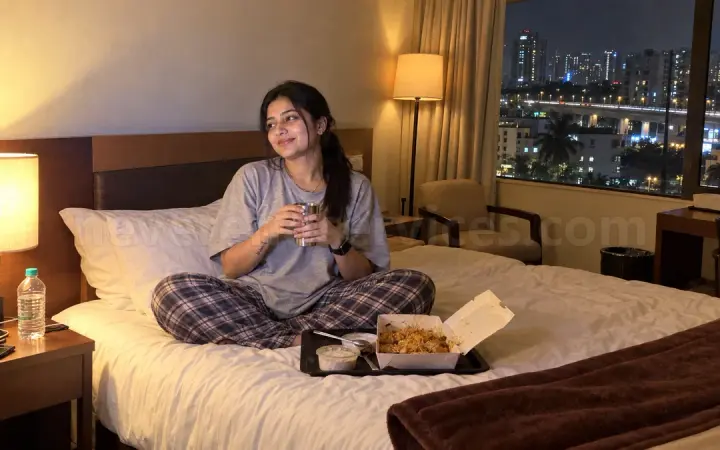 Bangalore escort with late-night tea and biryani on a hotel bed for a full night booking