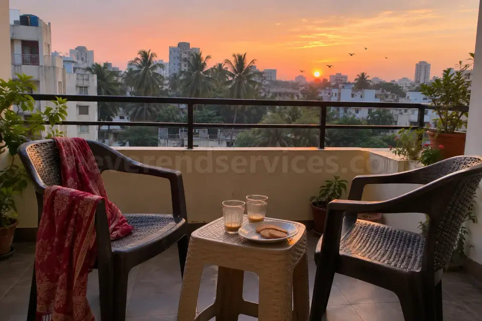 Two empty chai glasses on a balcony at dawn after a night of talking