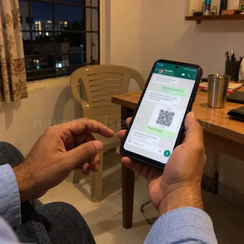 A man looks at a chat where a stranger has sent him a payment QR code for an advance