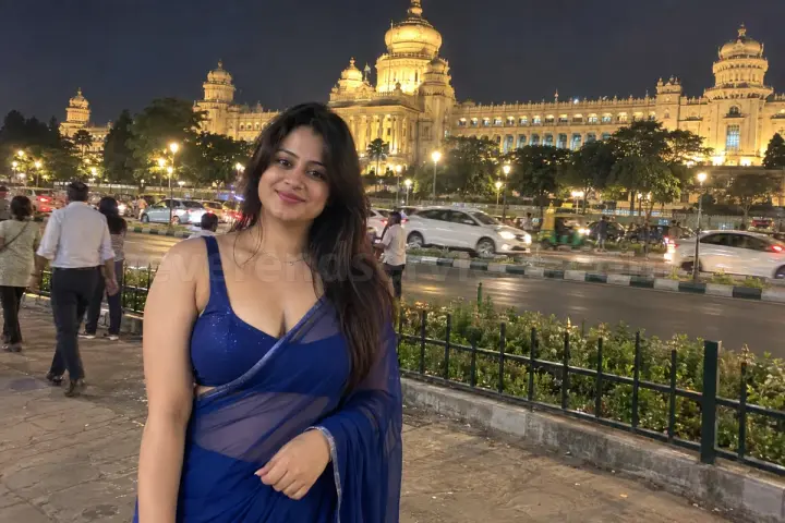 Woman in a blue saree across the road from the lit Vidhana Soudha