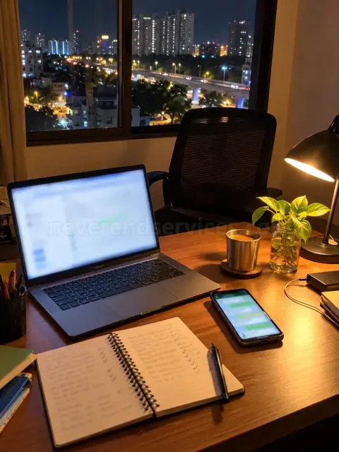 Our Bangalore booking desk at night: a laptop, a phone with WhatsApp open and the booking notebook