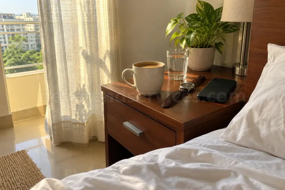 A bedside table with coffee and a watch in soft morning light