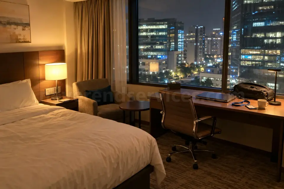 A business hotel room in Whitefield at night, laptop bag on the desk and the IT park towers outside